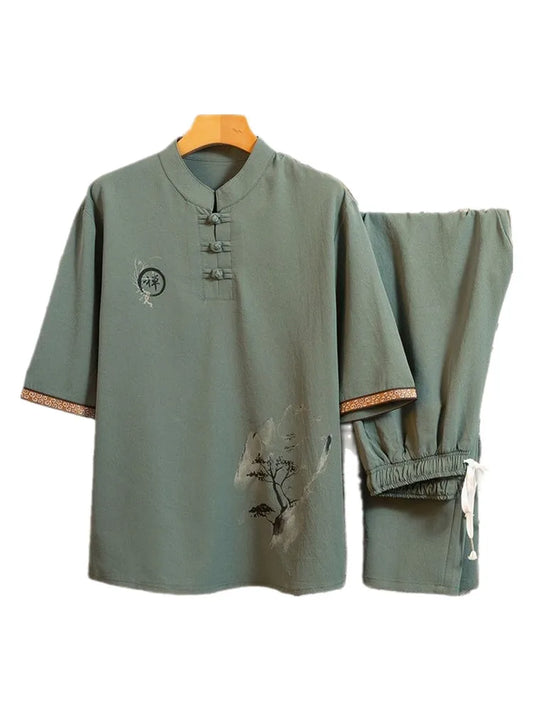 Summer New Casual Short Sleeve Shirt Men Chinese Style Cotton Linen Shirts +Pants Set Male Tshirt Track Suits Clothing